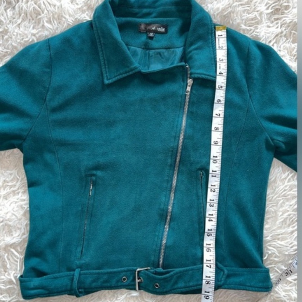A. calin Teal Faux Suede Belted Moto Style Jacket Size Medium - Picture 4 of 9